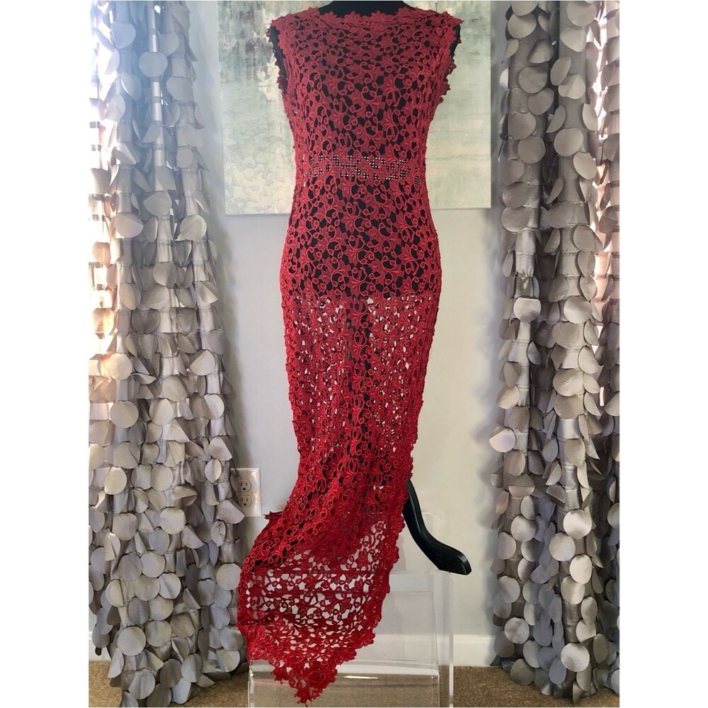Vintage SEVERIN Red Crochet Lace Sleeveless Slit Maxi Evening Gown Womens M - Picture 2 of 6
